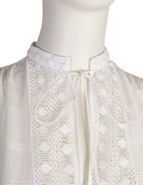 Yves Saint Laurent Vintage SS 1977 White Windowpane Cotton Embroidered Floral Trim Top