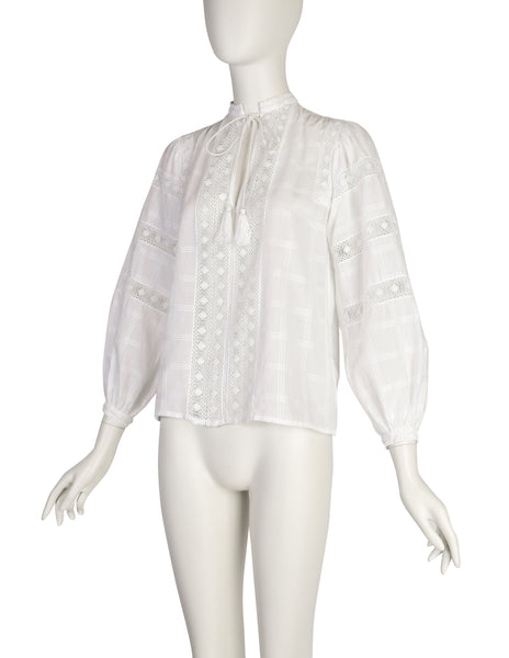 Yves Saint Laurent Vintage SS 1977 White Windowpane Cotton Embroidered Floral Trim Top