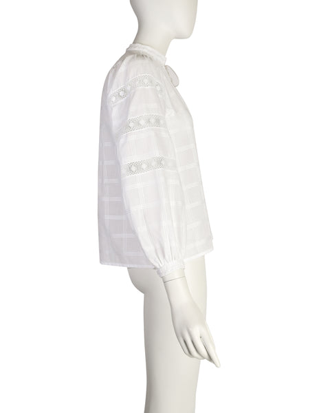 Yves Saint Laurent Vintage SS 1977 White Windowpane Cotton Embroidered Floral Trim Top