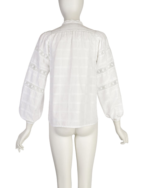 Yves Saint Laurent Vintage SS 1977 White Windowpane Cotton Embroidered Floral Trim Top