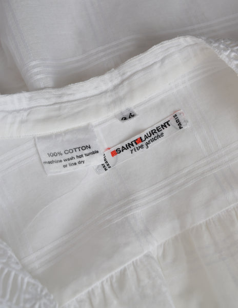 Yves Saint Laurent Vintage SS 1977 White Windowpane Cotton Embroidered Floral Trim Top