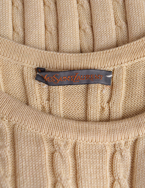 Yves Saint Laurent Vintage 1970s Beige Ribbed Cable Knit Cotton Tank Top