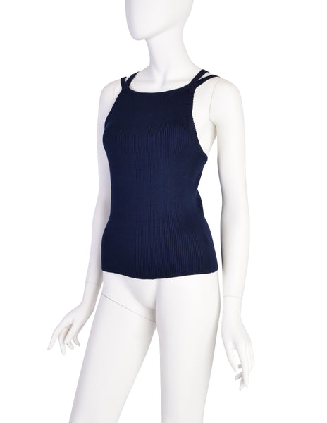 Yves Saint Laurent Vintage 1970s Navy Blue Ribbed Cotton Strappy Tank Top