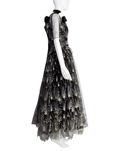 Zandra Rhodes Vintage 1980s Black and Gold Embroidered Floral Tulle Princess Gown