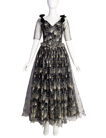 Zandra Rhodes Vintage 1980s Black and Gold Embroidered Floral Tulle Princess Gown