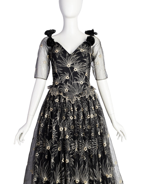 Zandra Rhodes Vintage 1980s Black and Gold Embroidered Floral Tulle Princess Gown