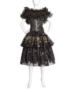 Zandra Rhodes Vintage 1988 Black Silver Gold Beaded Silk Ruffle Party Dress