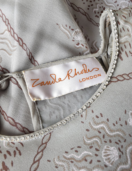 Zandra Rhodes Vintage Shell Rope Rhinestone Grey Silk Chiffon Sheer Dress