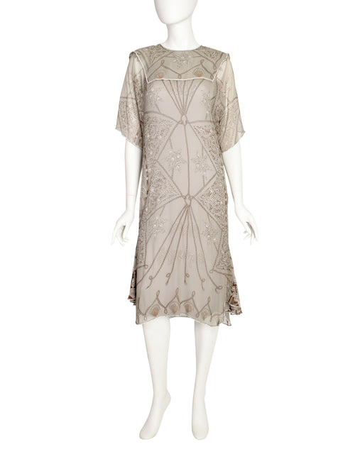 Zandra Rhodes Vintage Shell Rope Rhinestone Grey Silk Chiffon Sheer Dress Zandra Rhodes Vintage Shell Rope Rhinestone Grey Silk Chiffon Sheer Dress