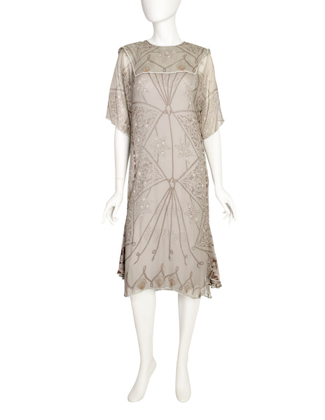Zandra Rhodes Vintage Shell Rope Rhinestone Grey Silk Chiffon Sheer Dress