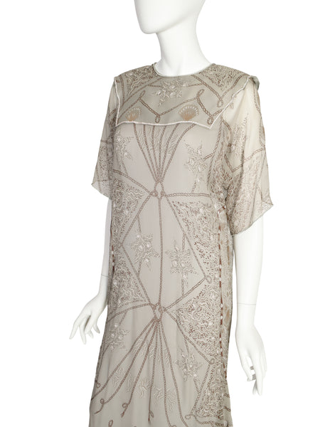 Zandra Rhodes Vintage Shell Rope Rhinestone Grey Silk Chiffon Sheer Dress