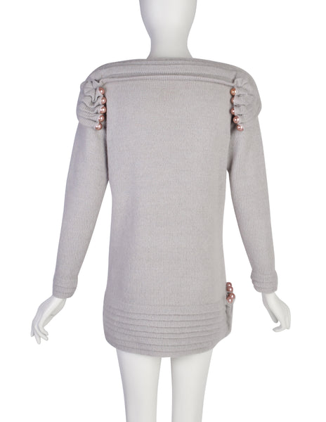 Zandra Rhodes Vintage AW 1980 'Elizabethan Collection' Grey Pleated Pearl Embellished Mohair Alpaca Sweater