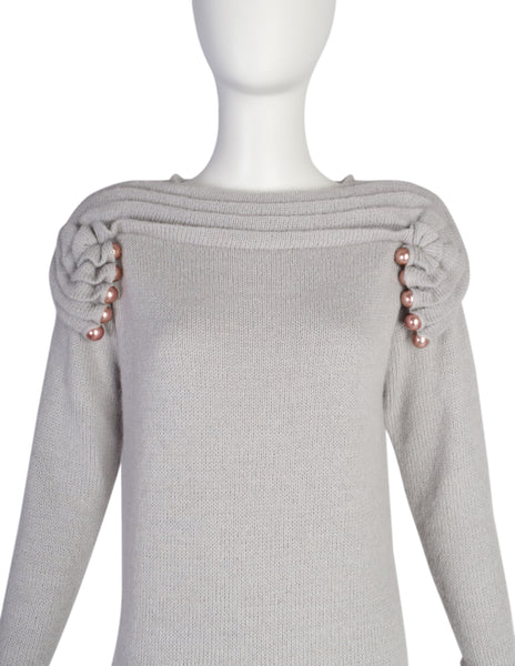 Zandra Rhodes Vintage AW 1980 'Elizabethan Collection' Grey Pleated Pearl Embellished Mohair Alpaca Sweater