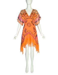 Zandra Rhodes Vintage Neon Orange Pink Floral Sequin Silk Chiffon Sequin Dress