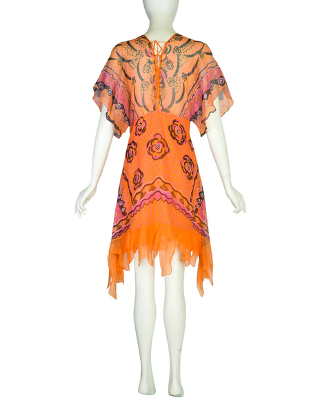 Zandra Rhodes Vintage Neon Orange Pink Floral Sequin Silk Chiffon Sequin Dress