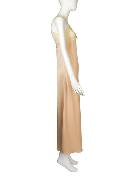 Zandra Rhodes Vintage 1970s Pale Pink Satin Cream Embroidered Slip Dress