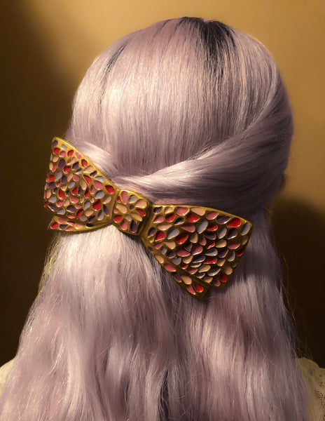 Balenciaga Vintage Oversized Purple and Pink Enamel Gold Bow Hair Clip Barrette