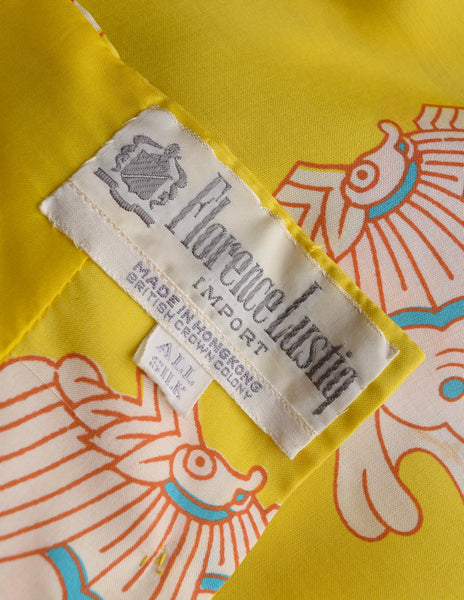 Florence Lustig Vintage Bright Yellow Colorful Butterfly Print Silk Halter Dress