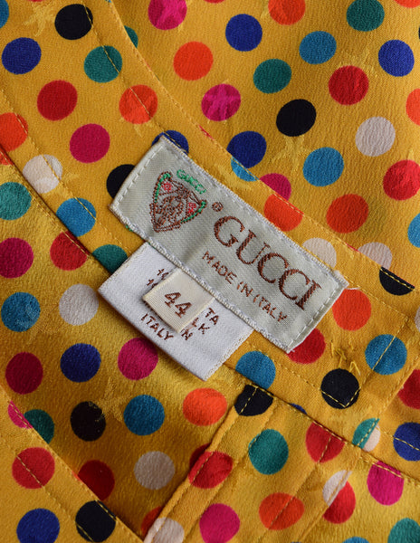 Gucci Vintage 1980s Yellow Multicolor Polka Dot Star Jacquard Silk Blouse