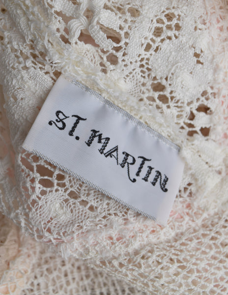 St. Martin Vintage 1970s Romantic Cream Crochet Lace Pink Ribbon Puff Sleeve Top