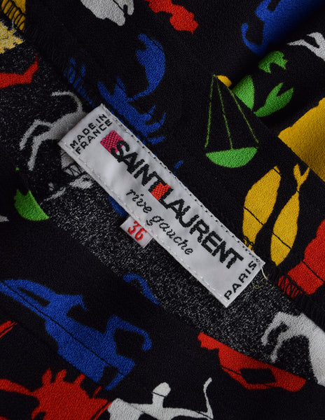 Yves Saint Laurent Vintage Multicolor Zodiac Star Sign Print Pleated Skirt