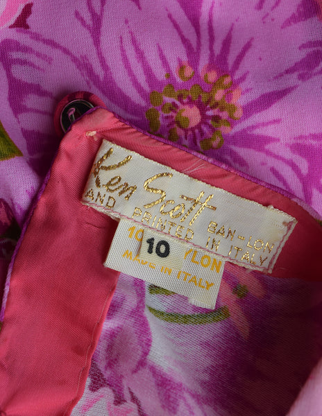 Ken Scott Vintage 1970s Hot Pink Floral Insect Print Maxi Dress