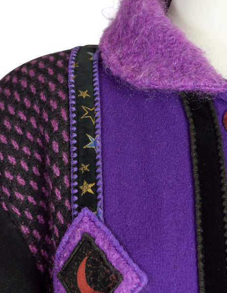 Coloratura Vintage 'Astra' Zodiac Black Purple Patchwork Wool Coat