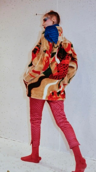 Kansai Yamamoto Vintage AW 1980 Baby Pink Colorful Novelty Print Faux Fur Coat