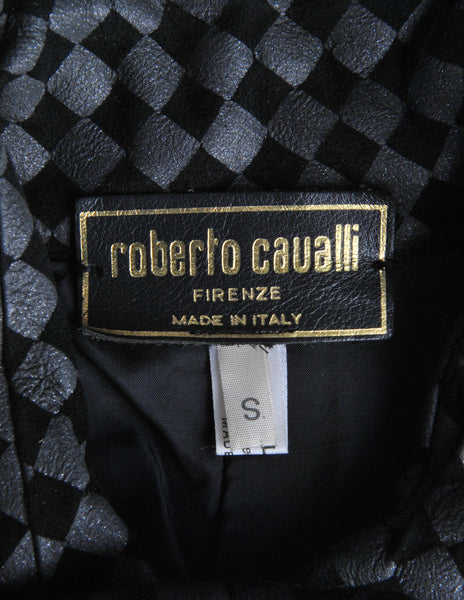 Roberto Cavalli Vintage Black & Grey Geometric Print Leather Jacket