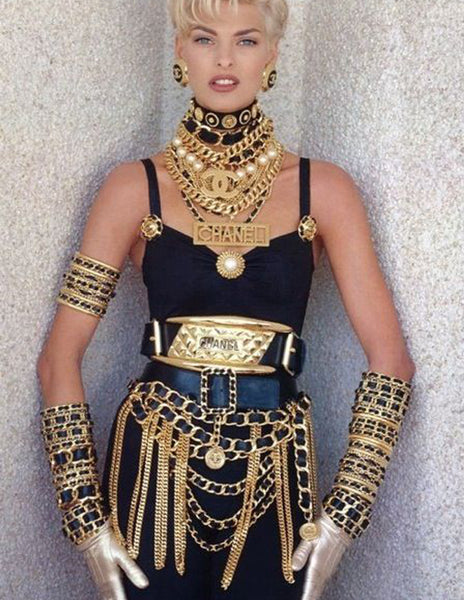 Chanel Vintage Iconic Gold Five Row Chain and Black Leather Cuff Bracelet
