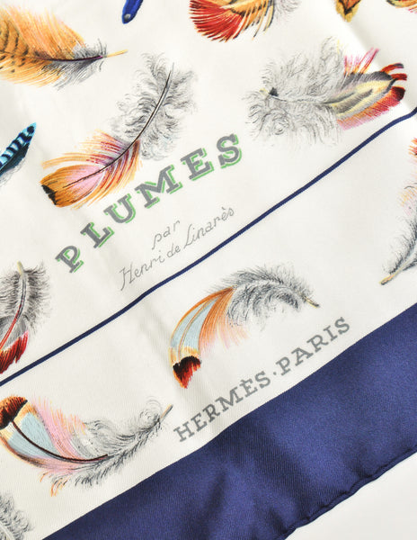 Hermès Vintage Plumes par Henri de Linarès Feather Print Silk Carre Scarf