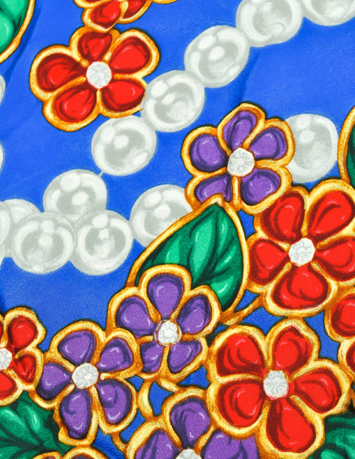 Chanel Vintage Multicolor Floral Gripoix & Pearl Print Silk Scarf