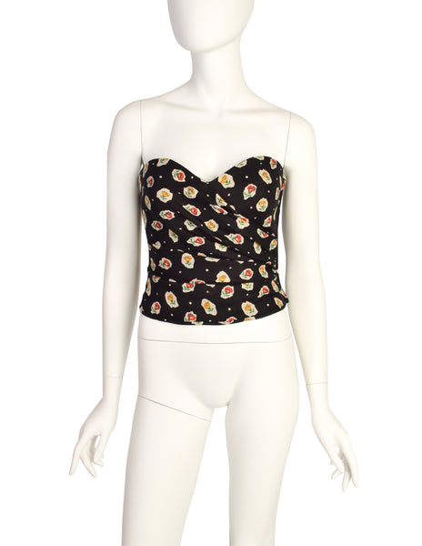 Emanuel Ungaro Vintage 1989 Black Floral Ruched Bustier Top