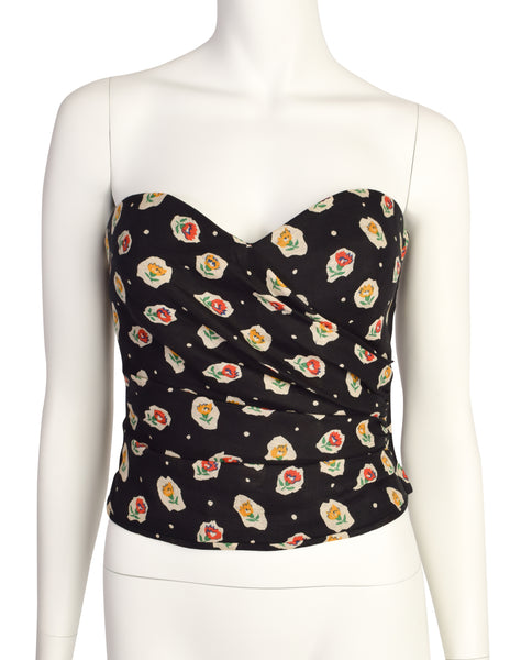 Emanuel Ungaro Vintage 1989 Black Floral Ruched Bustier Top