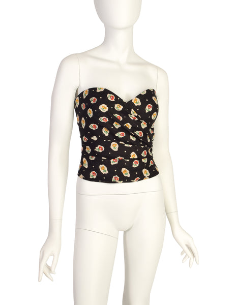 Emanuel Ungaro Vintage 1989 Black Floral Ruched Bustier Top