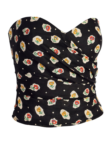 Emanuel Ungaro Vintage 1989 Black Floral Ruched Bustier Top