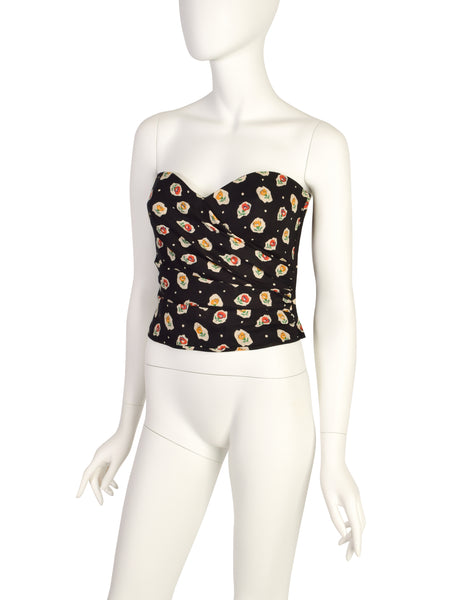 Emanuel Ungaro Vintage 1989 Black Floral Ruched Bustier Top