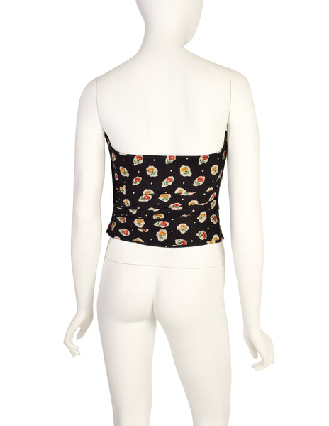 Emanuel Ungaro Vintage 1989 Black Floral Ruched Bustier Top