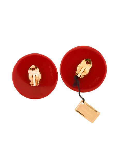 Valentino Vintage Red Rhinestone Round Oversized Disc Earrings