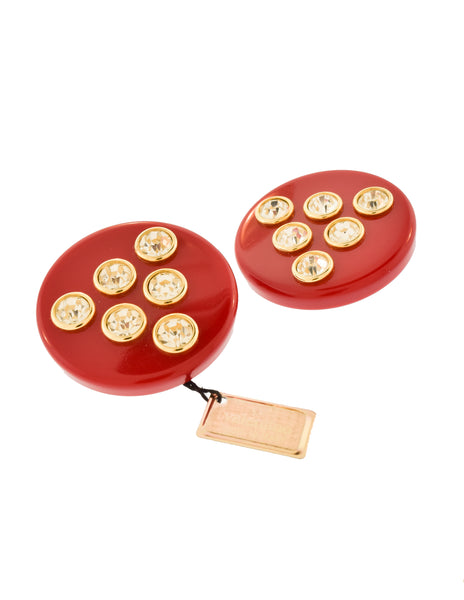 Valentino Vintage Red Rhinestone Round Oversized Disc Earrings