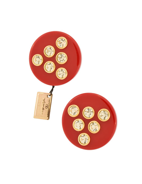 Valentino Vintage Red Rhinestone Round Oversized Disc Earrings