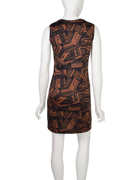 Fendi Vintage Black Brown Graphic Checkered Logo Print Bodycon Dress