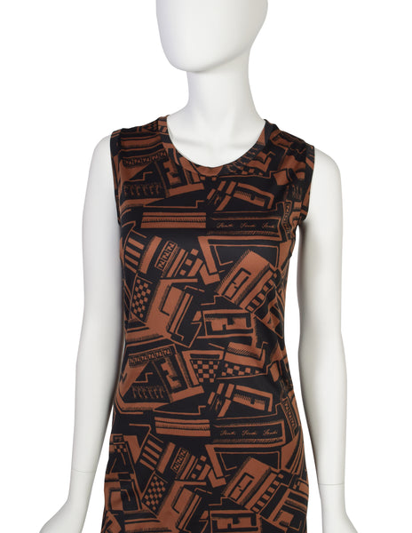 Fendi Vintage Black Brown Graphic Checkered Logo Print Bodycon Dress