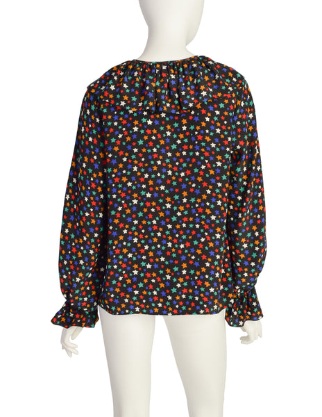 Yves Saint Laurent Vintage 1979 Iconic Multicolor Star Print Silk Lavalliere Blouse Shirt