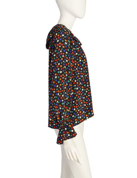 Yves Saint Laurent Vintage 1979 Iconic Multicolor Star Print Silk Lavalliere Blouse Shirt