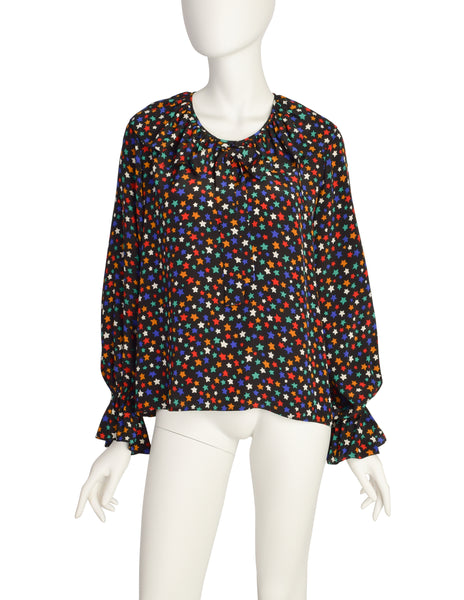 Yves Saint Laurent Vintage 1979 Iconic Multicolor Star Print Silk Lavalliere Blouse Shirt