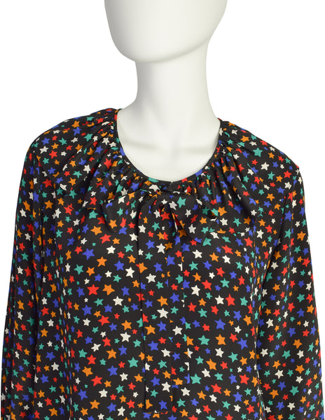 Yves Saint Laurent Vintage 1979 Iconic Multicolor Star Print Silk Lavalliere Blouse Shirt