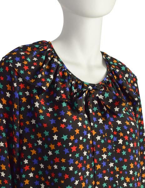 Yves Saint Laurent Vintage 1979 Iconic Multicolor Star Print Silk Lavalliere Blouse Shirt