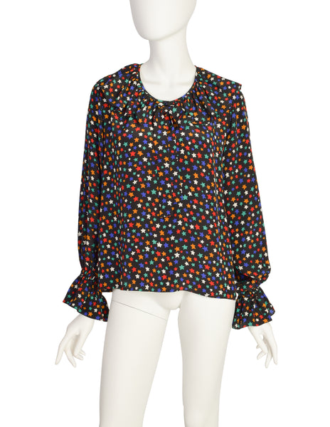 Yves Saint Laurent Vintage 1979 Iconic Multicolor Star Print Silk Lavalliere Blouse Shirt
