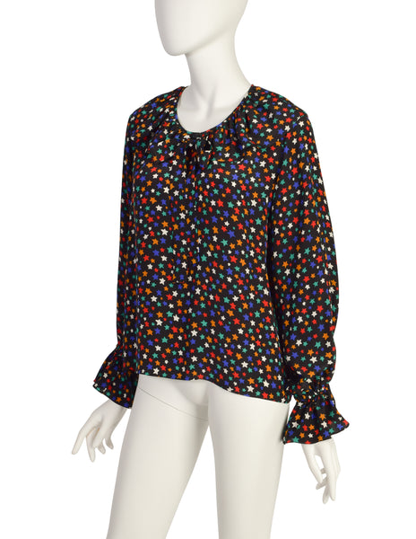 Yves Saint Laurent Vintage 1979 Iconic Multicolor Star Print Silk Lavalliere Blouse Shirt